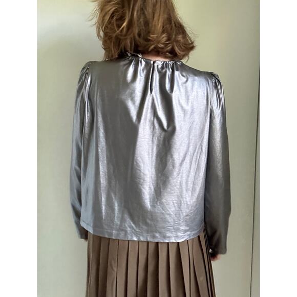 DEREK LAM 10 CROSBY Kary Metallic Crepe Blouse In Silver Size 48/Large Glam Punk - Picture 6 of 9